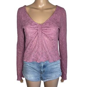 Just Polly Solid Purple Lace Floral Fairycore Y2K Long Sleeve Tie Front Blouse